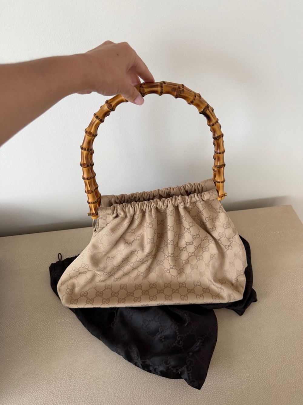Gucci Beige GG Canvas Bamboo-Handle Hobo Bag